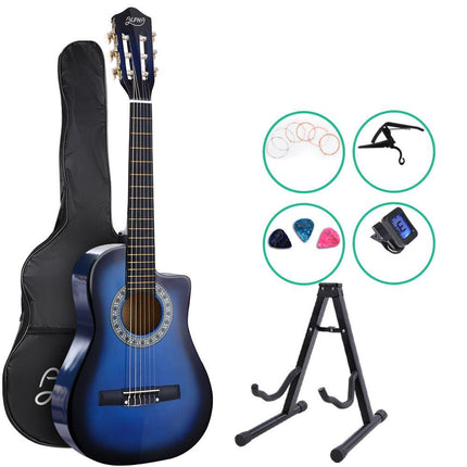 Alpha 34 Inch Classical Guitar Wooden Body Nylon String w/ Stand Beignner Blue - avokado